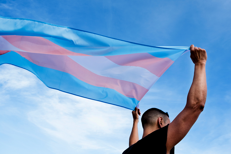 jongen houdt transgender vlag vast